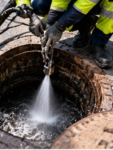 Limpieza de un pozo de saneamiento con agua a presión